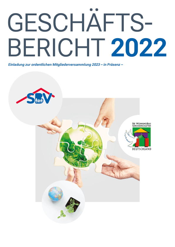 Cover des Geschäftsbericht 2022 der SBV eG Leichlingen auf dem  vier Hände jeweils ein Puzzleteil zu einer Erde zusammenfügen