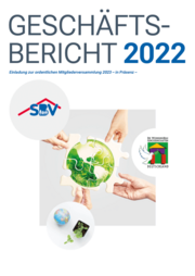 Cover des Geschäftsbericht 2022 der SBV eG Leichlingen auf dem  vier Hände jeweils ein Puzzleteil zu einer Erde zusammenfügen